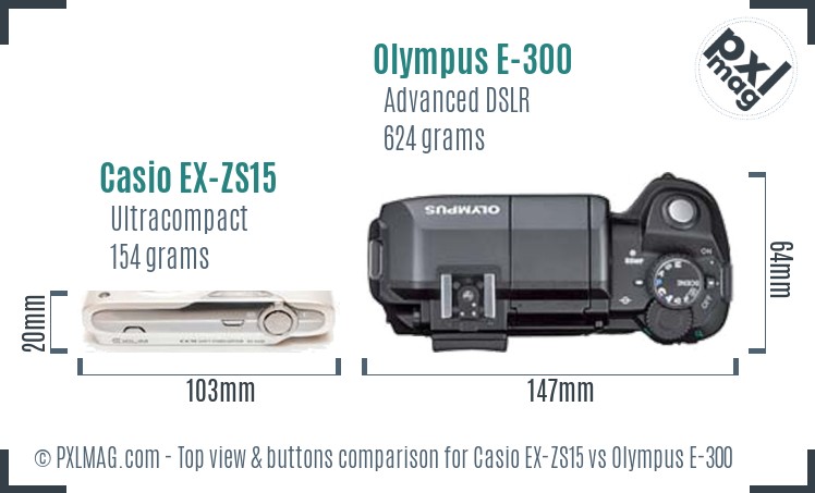 Casio EX-ZS15 vs Olympus E-300 top view buttons comparison