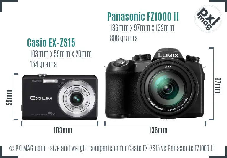 Casio EX-ZS15 vs Panasonic FZ1000 II size comparison