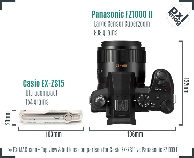 Casio EX-ZS15 vs Panasonic FZ1000 II top view buttons comparison