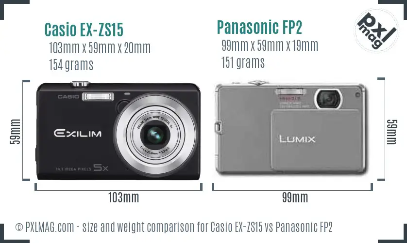 Casio EX-ZS15 vs Panasonic FP2 size comparison