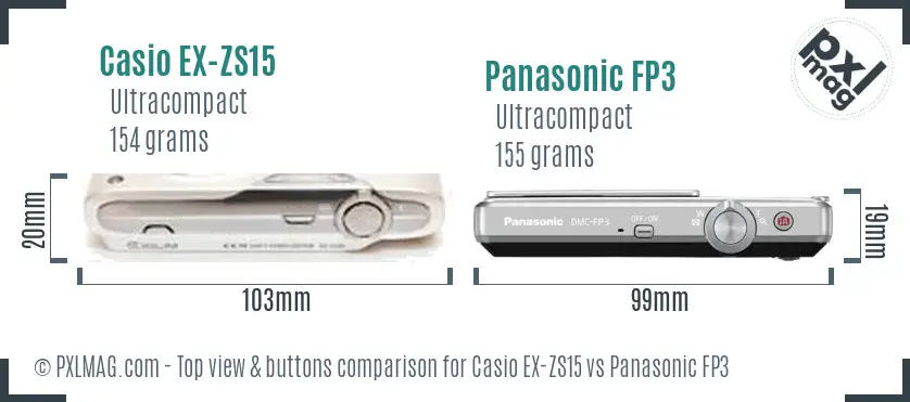 Casio EX-ZS15 vs Panasonic FP3 top view buttons comparison Casio EX-ZS15 vs Panasonic FP3 top view buttons comparison
