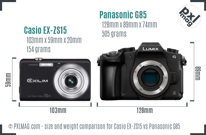 Casio EX-ZS15 vs Panasonic G85 size comparison