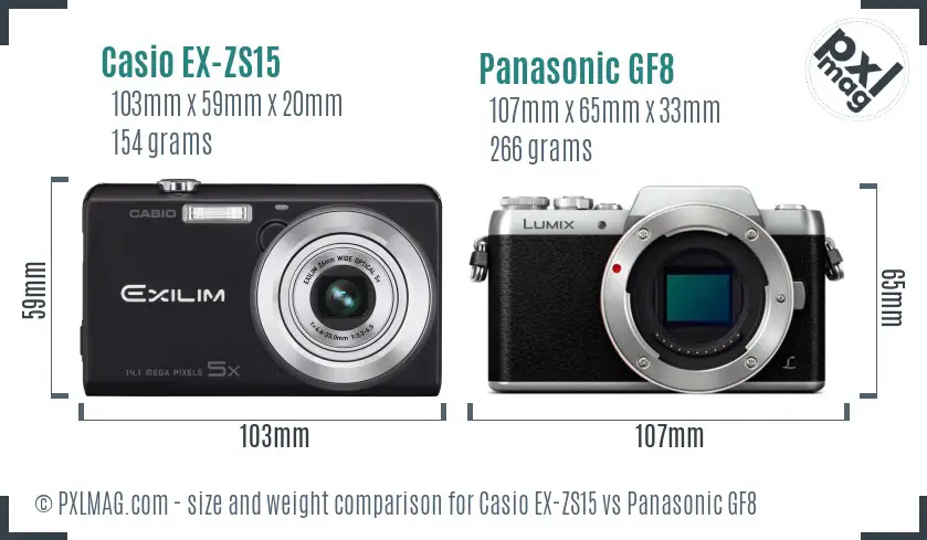 Casio EX-ZS15 vs Panasonic GF8 size comparison