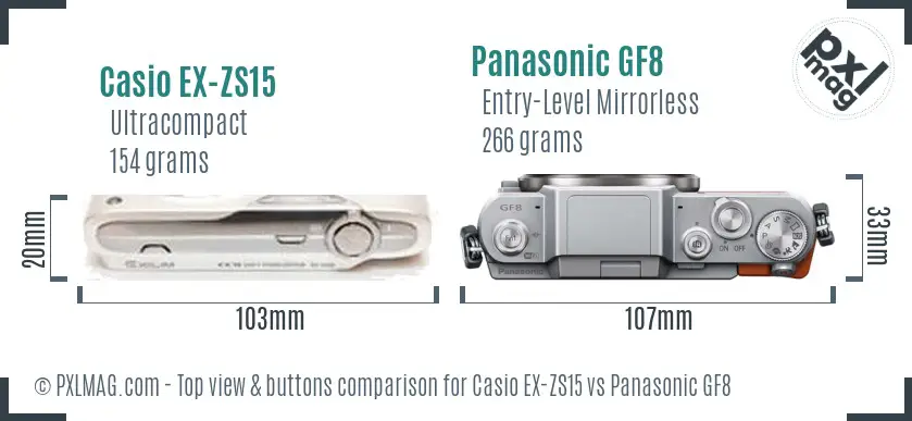 Casio EX-ZS15 vs Panasonic GF8 top view buttons comparison