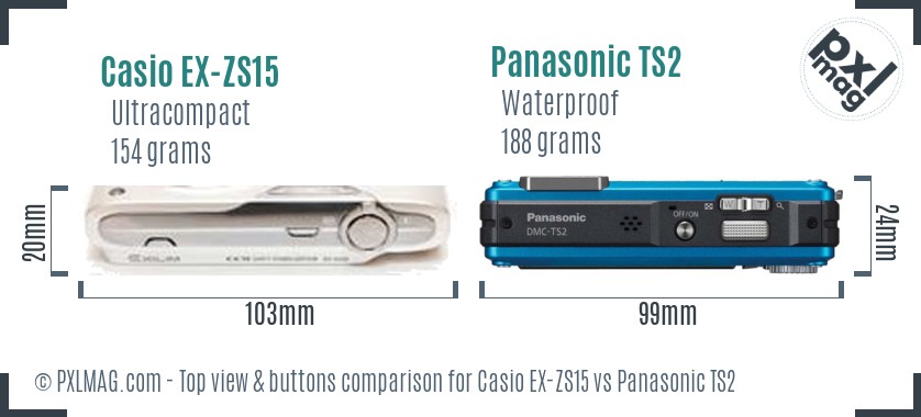 Casio EX-ZS15 vs Panasonic TS2 top view buttons comparison