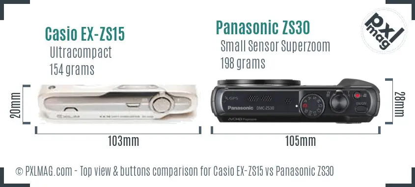 Casio EX-ZS15 vs Panasonic ZS30 top view buttons comparison