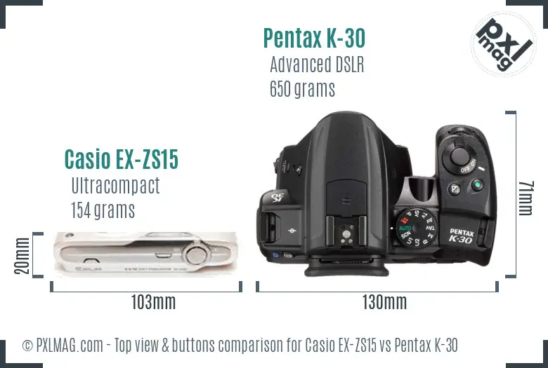 Casio EX-ZS15 vs Pentax K-30 top view buttons comparison