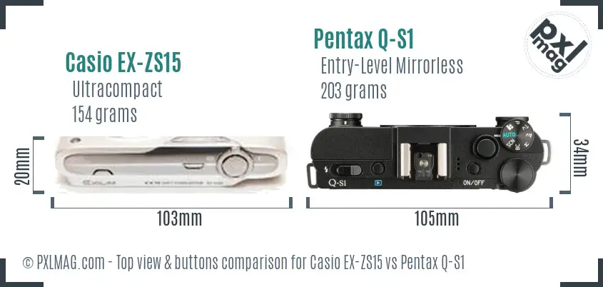 Casio EX-ZS15 vs Pentax Q-S1 top view buttons comparison