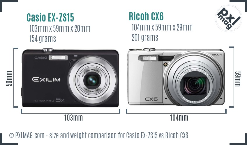 Casio EX-ZS15 vs Ricoh CX6 size comparison Casio EX-ZS15 vs Ricoh CX6 size comparison