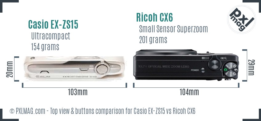 Casio EX-ZS15 vs Ricoh CX6 top view buttons comparison