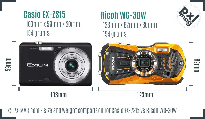 Casio EX-ZS15 vs Ricoh WG-30W size comparison