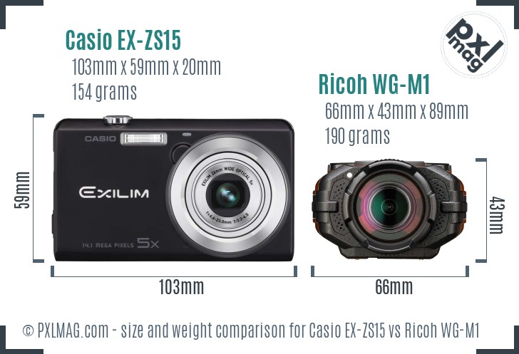 Casio EX-ZS15 vs Ricoh WG-M1 size comparison