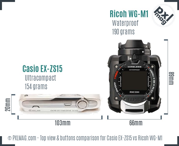 Casio EX-ZS15 vs Ricoh WG-M1 top view buttons comparison