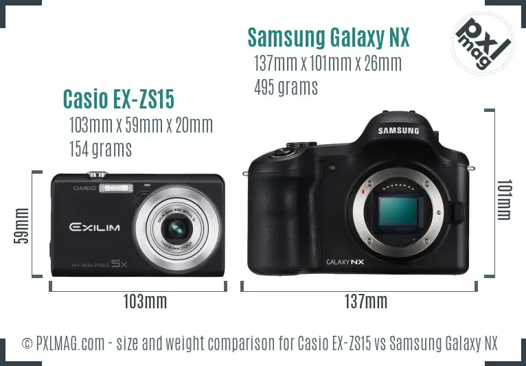 Casio EX-ZS15 vs Samsung Galaxy NX size comparison