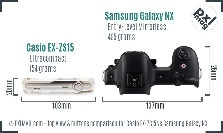 Casio EX-ZS15 vs Samsung Galaxy NX top view buttons comparison