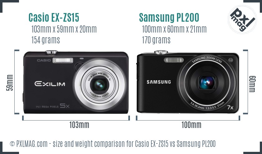 Casio EX-ZS15 vs Samsung PL200 size comparison