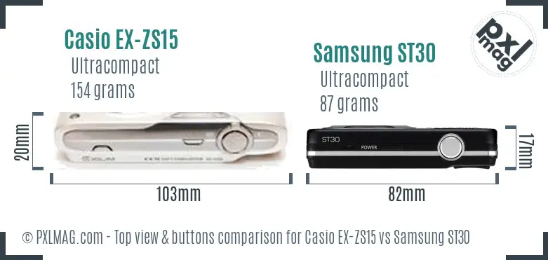 Casio EX-ZS15 vs Samsung ST30 top view buttons comparison