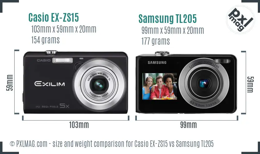 Casio EX-ZS15 vs Samsung TL205 size comparison