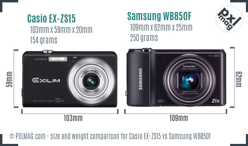 Casio EX-ZS15 vs Samsung WB850F size comparison