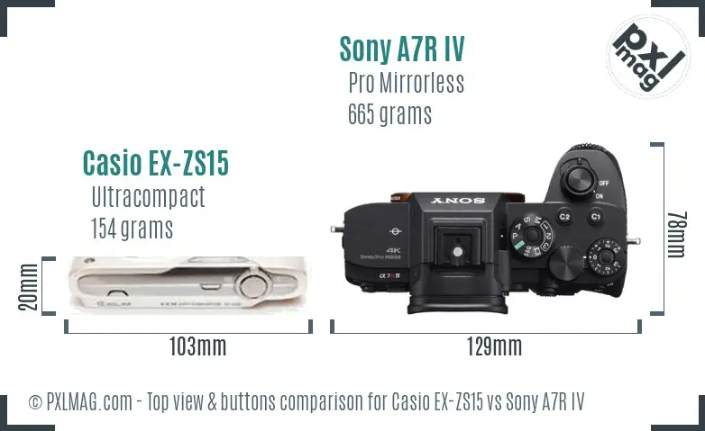 Casio EX-ZS15 vs Sony A7R IV top view buttons comparison