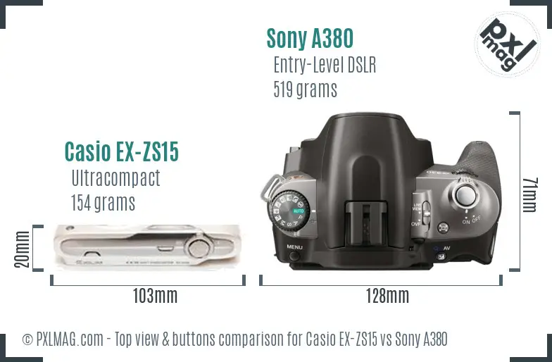 Casio EX-ZS15 vs Sony A380 top view buttons comparison