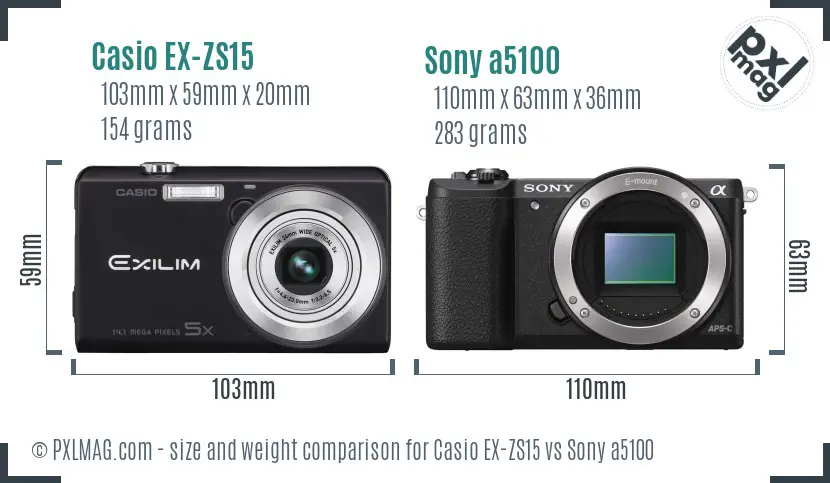 Casio EX-ZS15 vs Sony a5100 size comparison