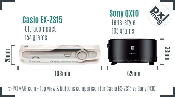 Casio EX-ZS15 vs Sony QX10 top view buttons comparison