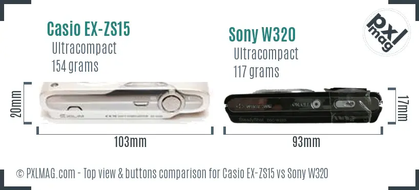 Casio EX-ZS15 vs Sony W320 top view buttons comparison