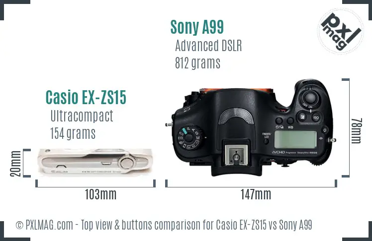 Casio EX-ZS15 vs Sony A99 top view buttons comparison