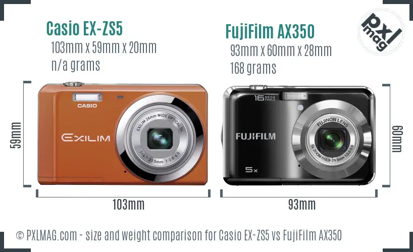 Casio EX-ZS5 vs FujiFilm AX350 size comparison