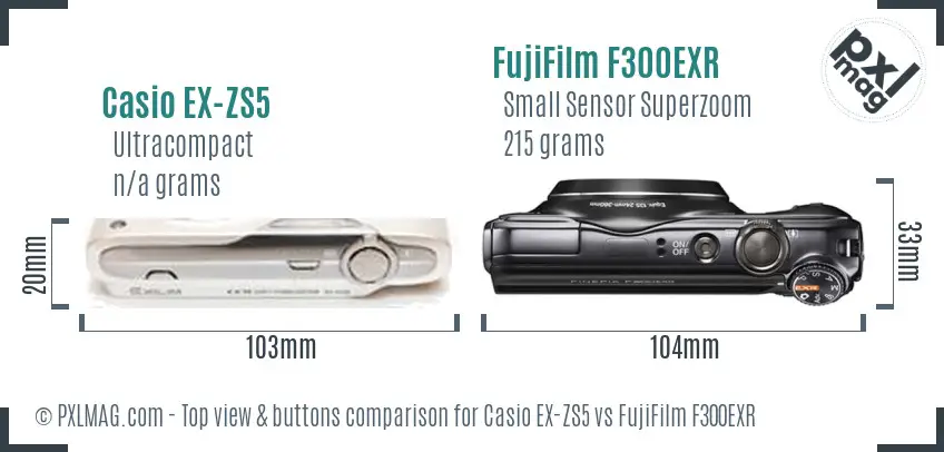 Casio EX-ZS5 vs FujiFilm F300EXR top view buttons comparison Casio EX-ZS5 vs FujiFilm F300EXR top view buttons comparison