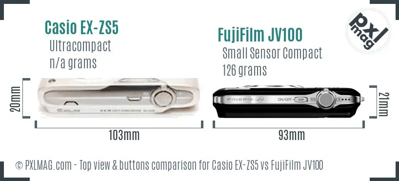 Casio EX-ZS5 vs FujiFilm JV100 top view buttons comparison Casio EX-ZS5 vs FujiFilm JV100 top view buttons comparison