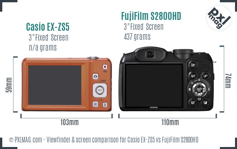 Casio EX-ZS5 vs FujiFilm S2800HD Screen and Viewfinder comparison