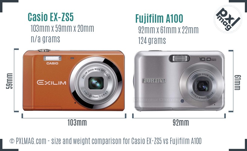 Casio EX-ZS5 vs Fujifilm A100 size comparison