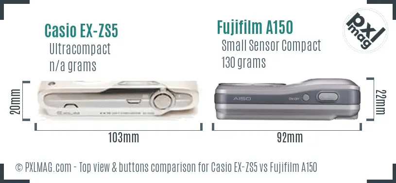 Casio EX-ZS5 vs Fujifilm A150 top view buttons comparison Casio EX-ZS5 vs Fujifilm A150 top view buttons comparison