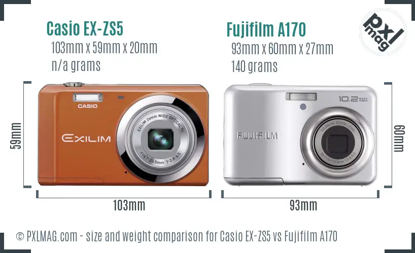 Casio EX-ZS5 vs Fujifilm A170 size comparison