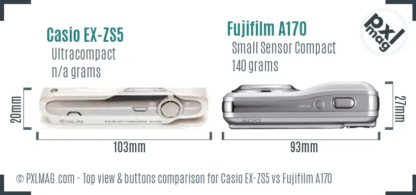 Casio EX-ZS5 vs Fujifilm A170 top view buttons comparison