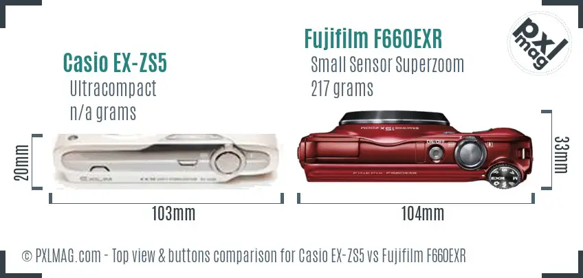 Casio EX-ZS5 vs Fujifilm F660EXR top view buttons comparison Casio EX-ZS5 vs Fujifilm F660EXR top view buttons comparison