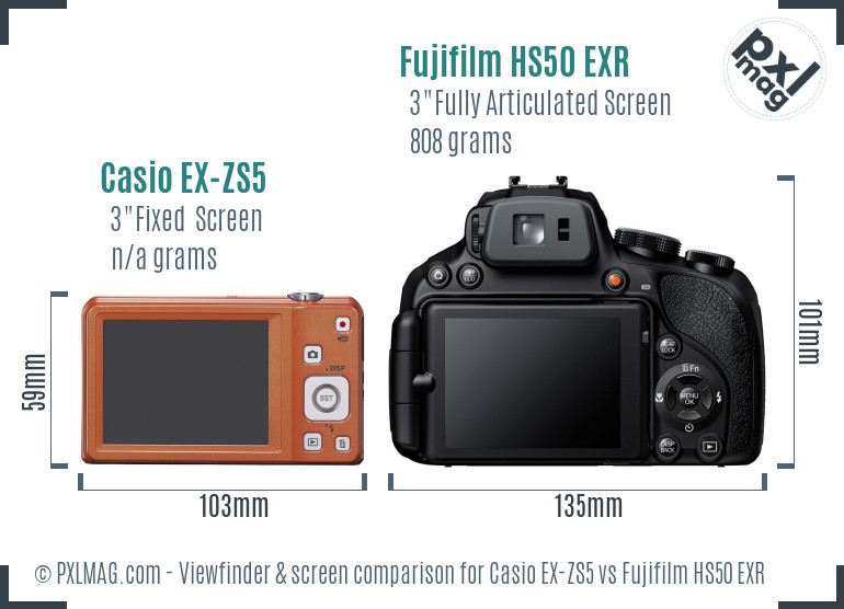 Casio EX-ZS5 vs Fujifilm HS50 EXR Screen and Viewfinder comparison