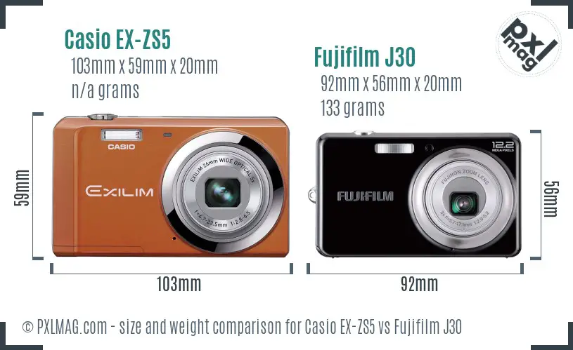 Casio EX-ZS5 vs Fujifilm J30 size comparison