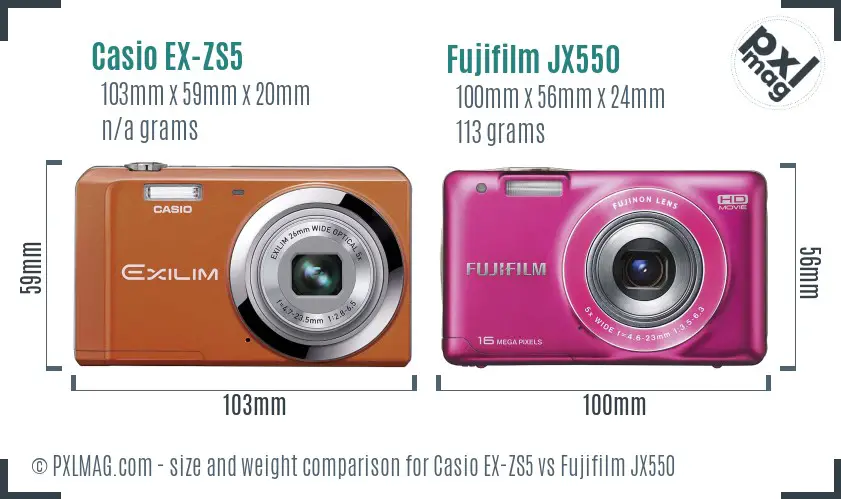 Casio EX-ZS5 vs Fujifilm JX550 size comparison