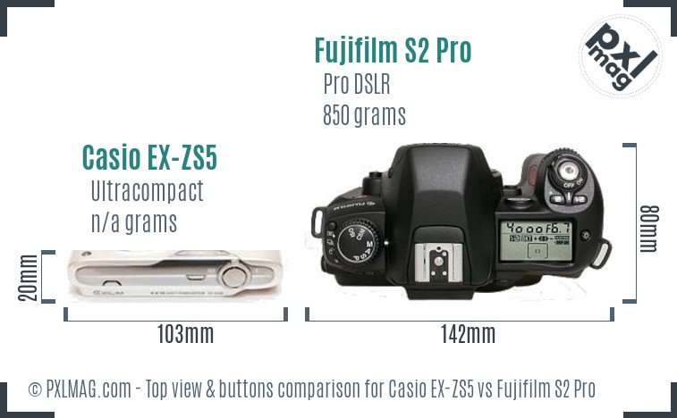 Casio EX-ZS5 vs Fujifilm S2 Pro top view buttons comparison