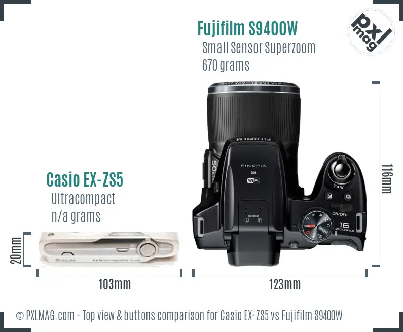 Casio EX-ZS5 vs Fujifilm S9400W top view buttons comparison Casio EX-ZS5 vs Fujifilm S9400W top view buttons comparison