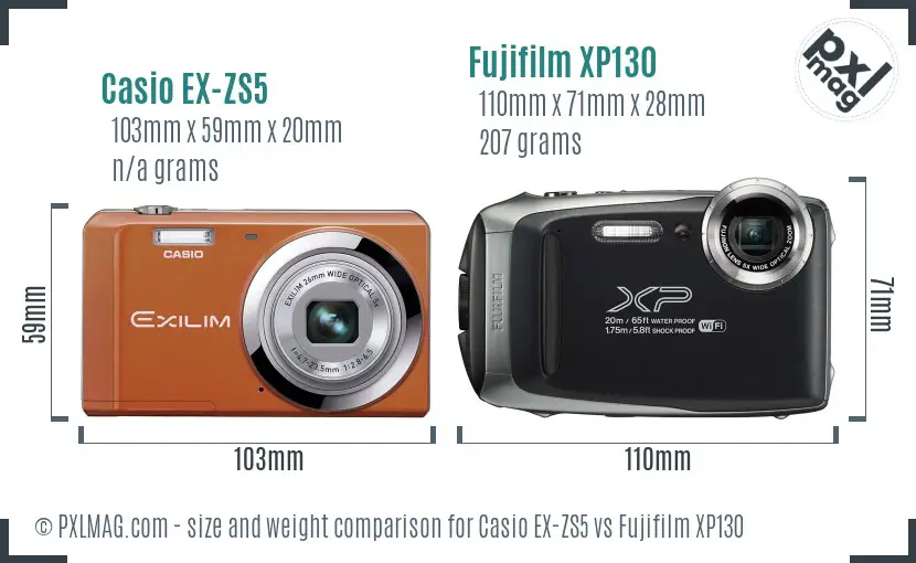 Casio EX-ZS5 vs Fujifilm XP130 size comparison