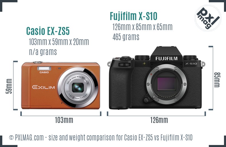 Casio EX-ZS5 vs Fujifilm X-S10 size comparison