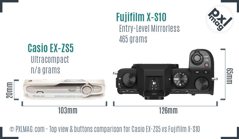 Casio EX-ZS5 vs Fujifilm X-S10 top view buttons comparison