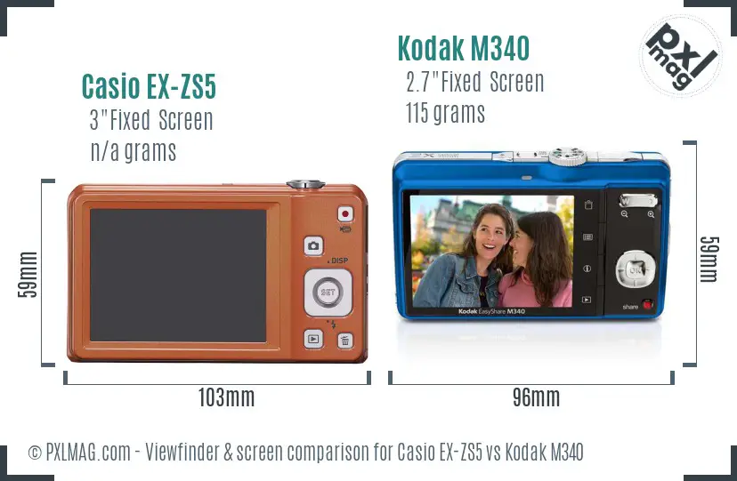 Casio EX-ZS5 vs Kodak M340 Screen and Viewfinder comparison