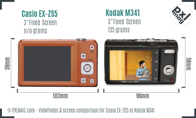 Casio EX-ZS5 vs Kodak M341 Screen and Viewfinder comparison