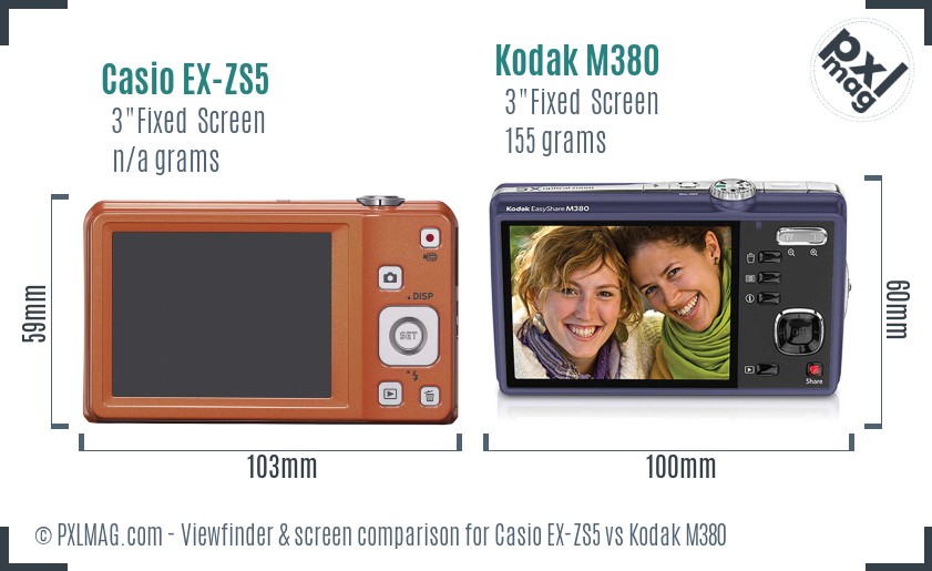 Casio EX-ZS5 vs Kodak M380 Screen and Viewfinder comparison