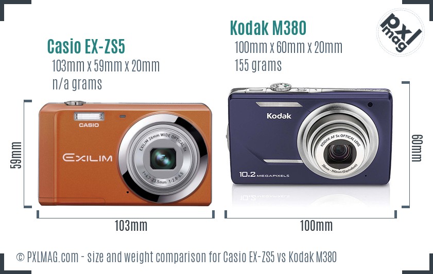 Casio EX-ZS5 vs Kodak M380 size comparison